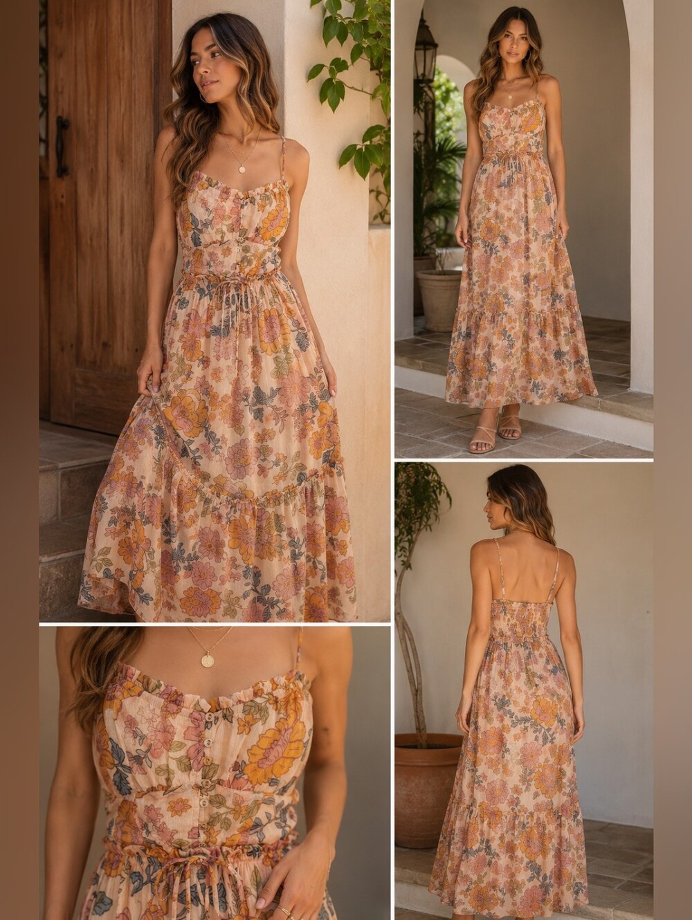 Patrons Of Peace Boho Floral Spaghetti-Strap Maxi Dress in Dusty Peach